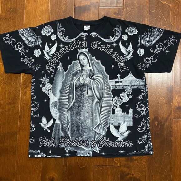 Yazbek Madre Celestial AOP Spanish Pious & Merciful Black Tee Men's Size XL - Picture 3 of 8